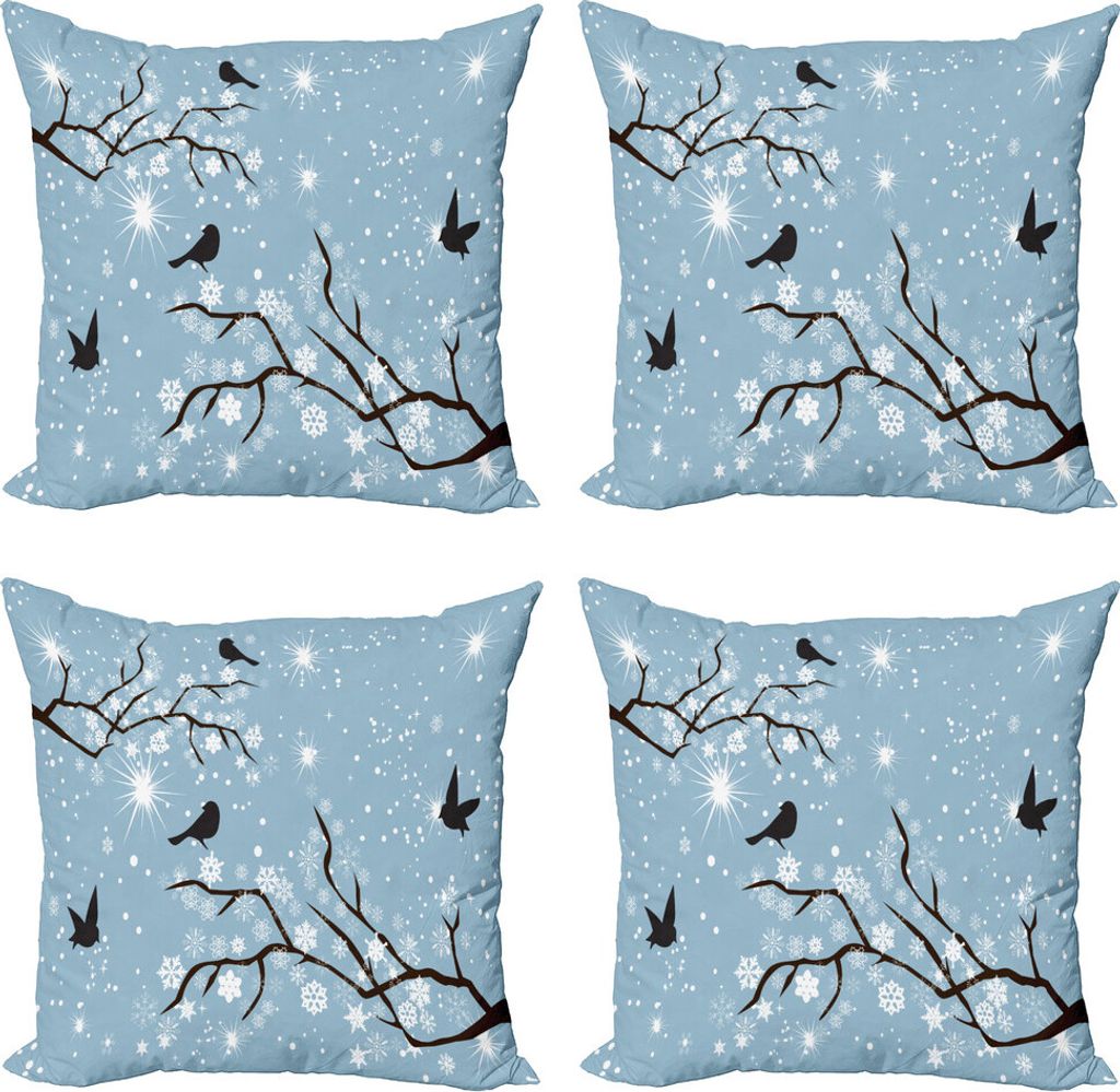 ABAKUHAUS Snowy-Bäume Kissenbezug Set (4 Stück), Vögel Schneeflocken, Moderner Doppelseitiger Digitaldruck, 50 cm x 50 cm, Blau, Grau, Dunkelgrau