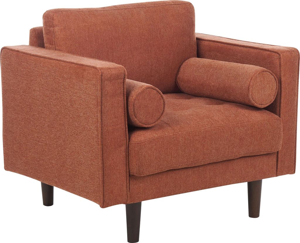 BELIANI Sessel Goldbraun Stoffbezug mit Holzbeinen Dekokissen Dicken Sitzkissen Losen Sitz- & Rückenkissen Schmalen Armlehnen Retro Wohnzimmer