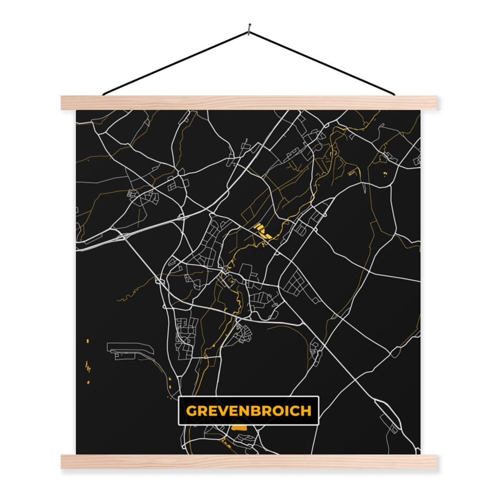 MuchoWow Textilposter Schwarz und Gold - Stadtplan - Grevenbroich - Deutschland - Karte 60x60 cm mit holzfarbenen Rahmen - Wanddekoration
