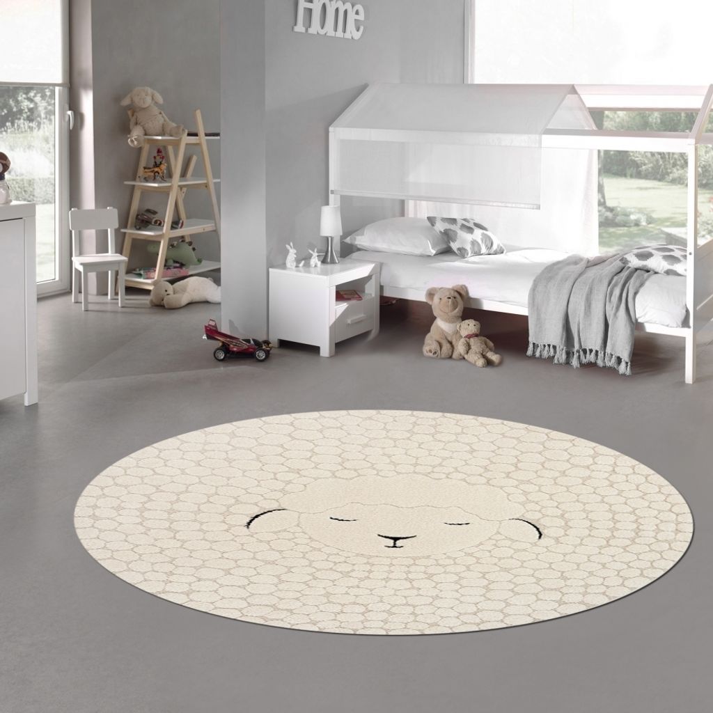 Kinderzimmer Spielzimmer Teppich rund mit Schafsmuster allergikergeeignet in Creme Größe - 120 cm Rund
