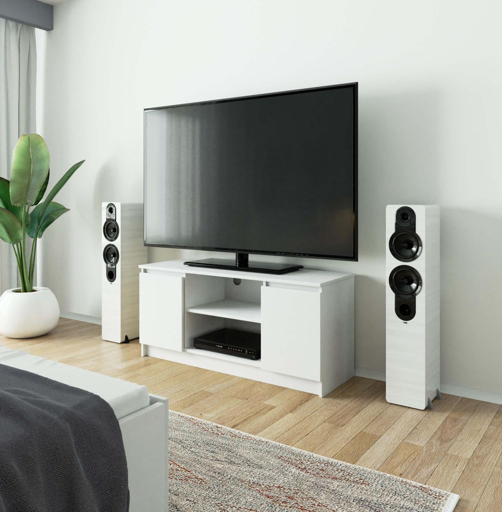 TV Lowboard – TV Schrank – TV Ständer – TV Tisch – 120 cm – Weiß Matt – Funktionale Medienaufbewahrung mit Klapptüren