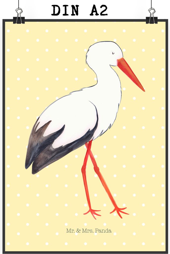 Mr. & Mrs. Panda Bild Storch DIN A2 - Gelb Pastell - Geschenk, drucke, Wandbild, wanddeko, Lustige Sprüche, Posterdruck, Störche, Baby, Mutter, G...