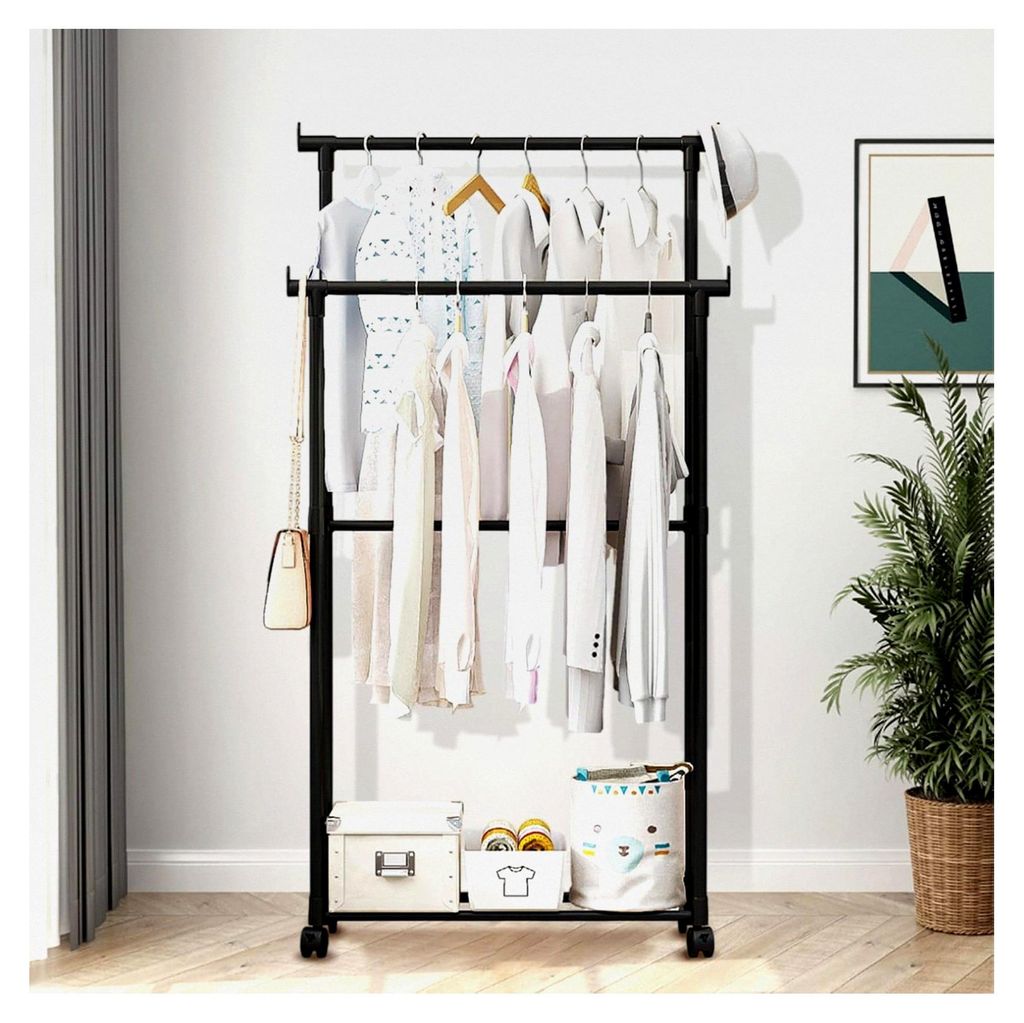 Kleiderständer - Kleideraufbewahrung, Garderobe | Robuster Kleiderhalter mit Doppelstange, Organizer mit drehbaren Rollen für Bad, Balkon, Jugend...