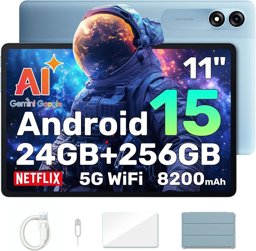 A tablet with a space-themed wallpaper and promotional text, along with its accessories.