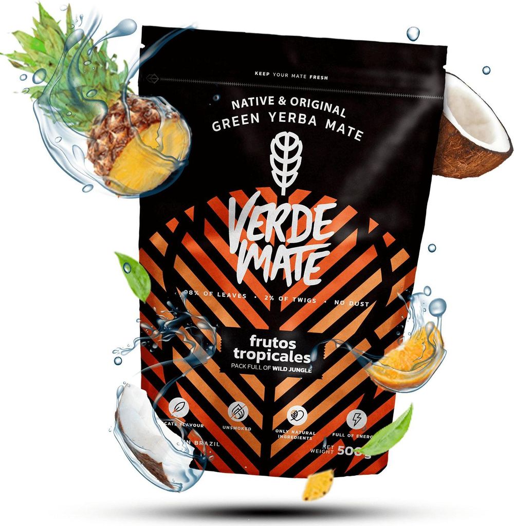 A bag of Verde Mate green yerba mate with tropical fruits, surrounded by splashes of water and fruit pieces.