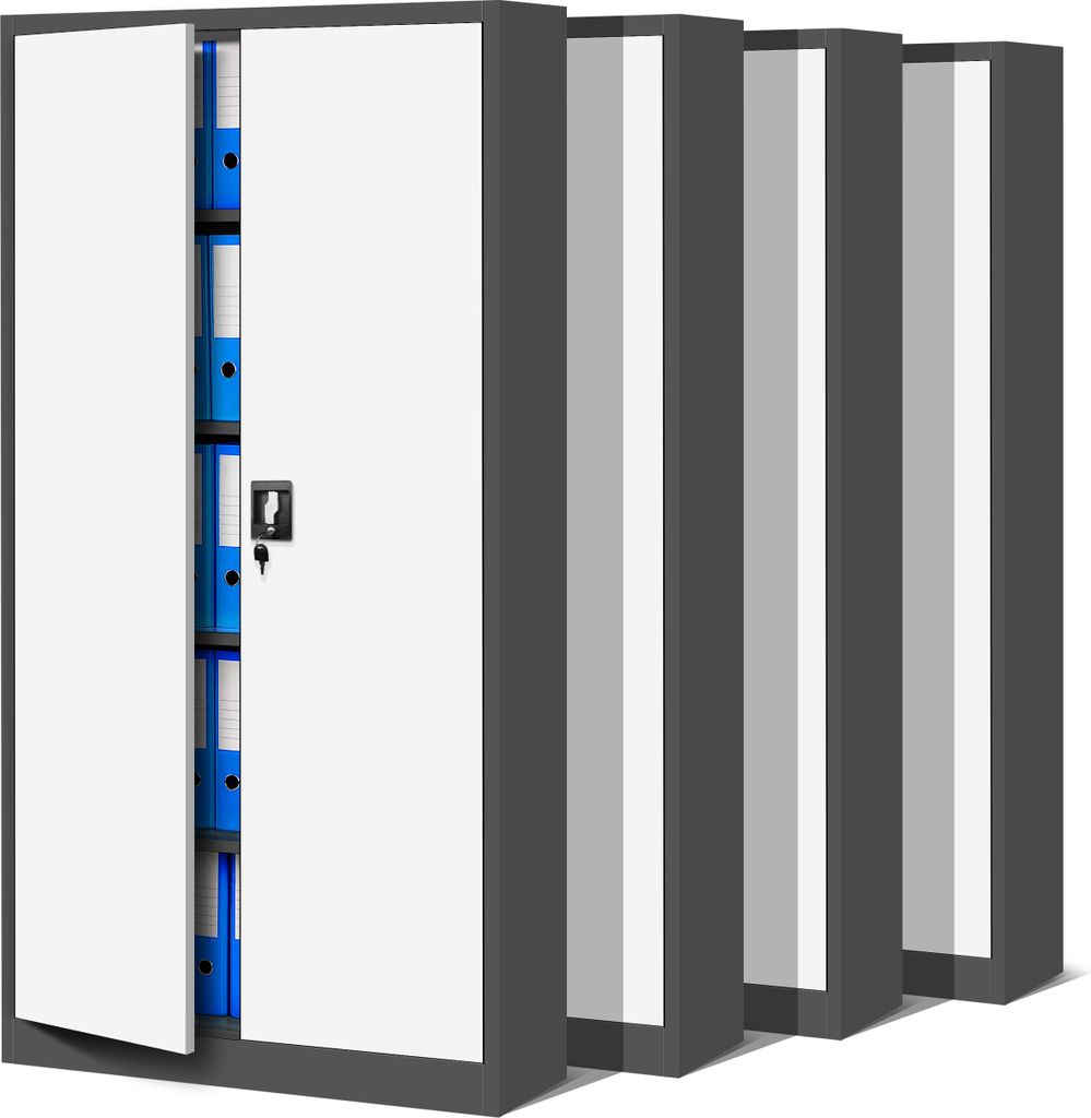 A set of filing cabinets against a white background.
