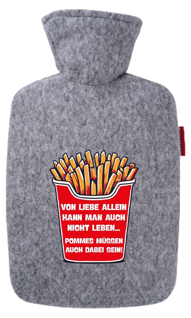 Huuraa Wärmflasche Liebe allein nicht Pommes dabei 1,8 Liter Filz Classic Filzbezug Bettflasche Geschenkidee