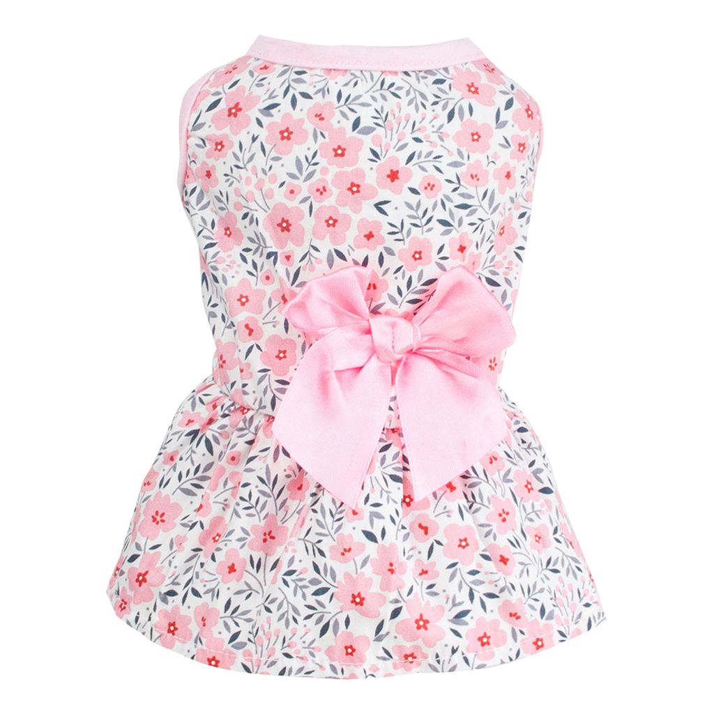 Sommerkleid mit Blumendruck für kleine und mittelgroße Hunde, schönes Schleifendekor, ärmellos, Vorderbein, Urlaubs-Haustier-Outfit