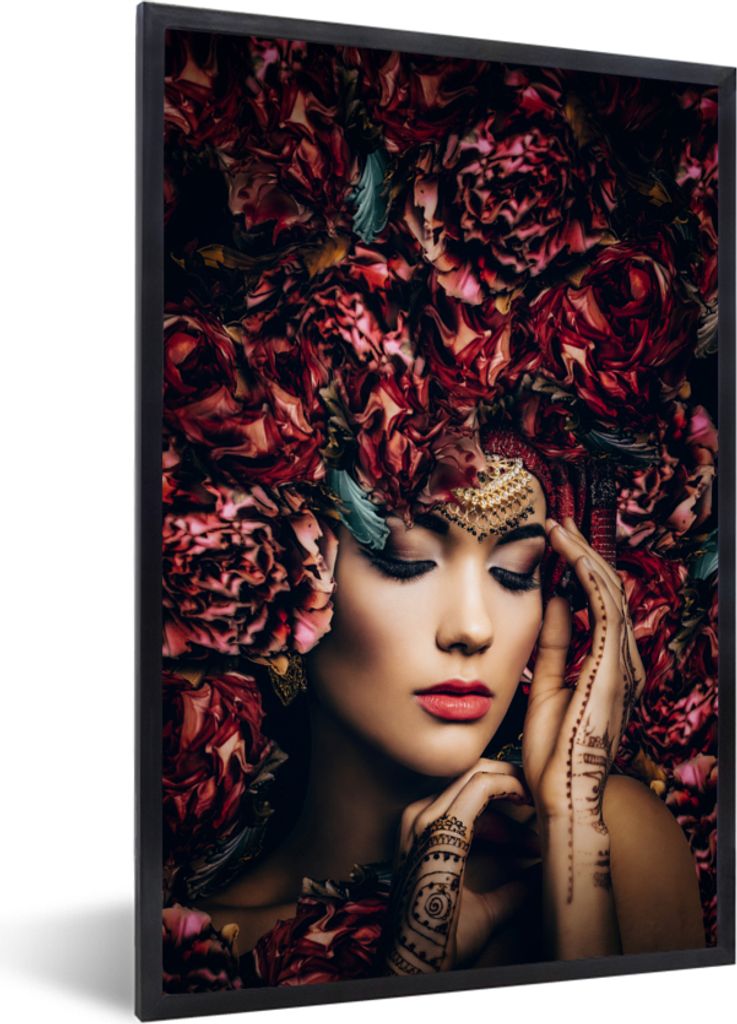 MuchoWow Gerahmtes Poster Frau - Blumen - Henna - Porträt 60x90 cm - Poster mit Schwarzem Bilderrahmen Wandposter Rahmen Foto Bilder - Kunst