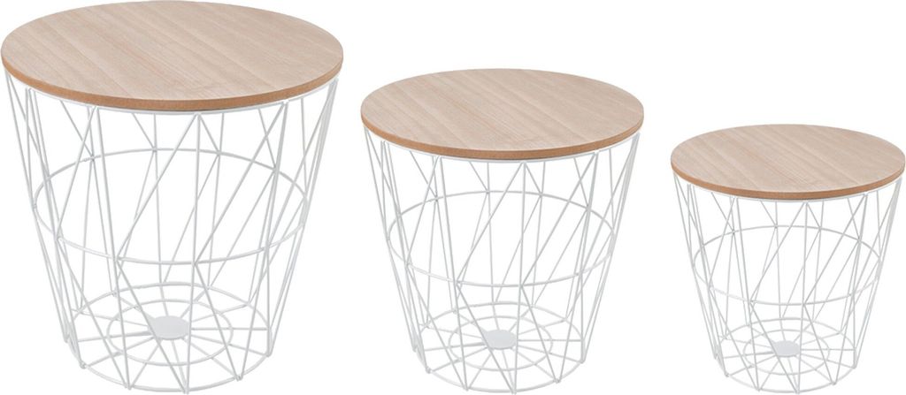 Three white wire basket side tables with light brown wooden tops are arranged in size order against a white background.