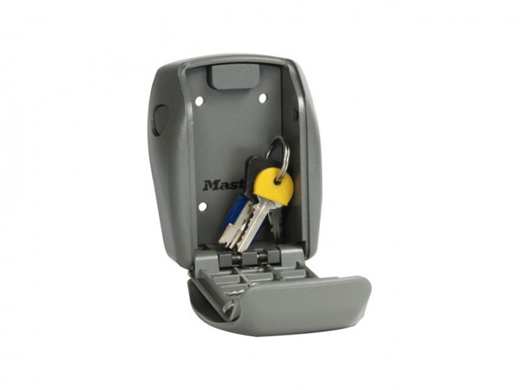 A gray key safe with keys inside, shown against a white background.
