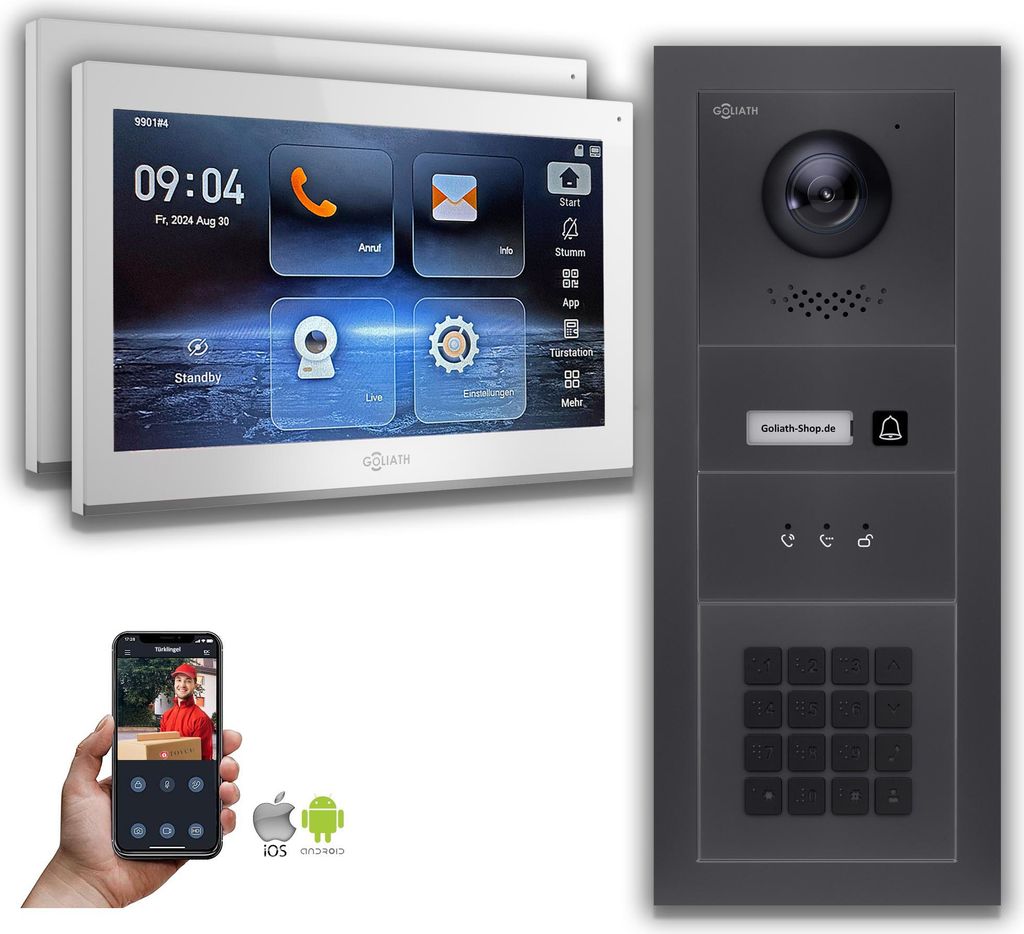Goliath IP Video Türsprechanlage mit Kamera 10-Zoll Zahlencode Anzeige Anthrazit : Unterputzdose : 10 Zoll in Weiß : 2 Monitore Anzahl: 2 Monitor...