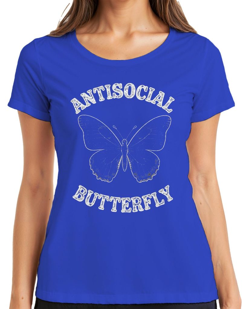 Antisocial Butterfly Schmetterling Vintage Grunge Goth Geschenk Damen T-Shirt, Blau, XXL
