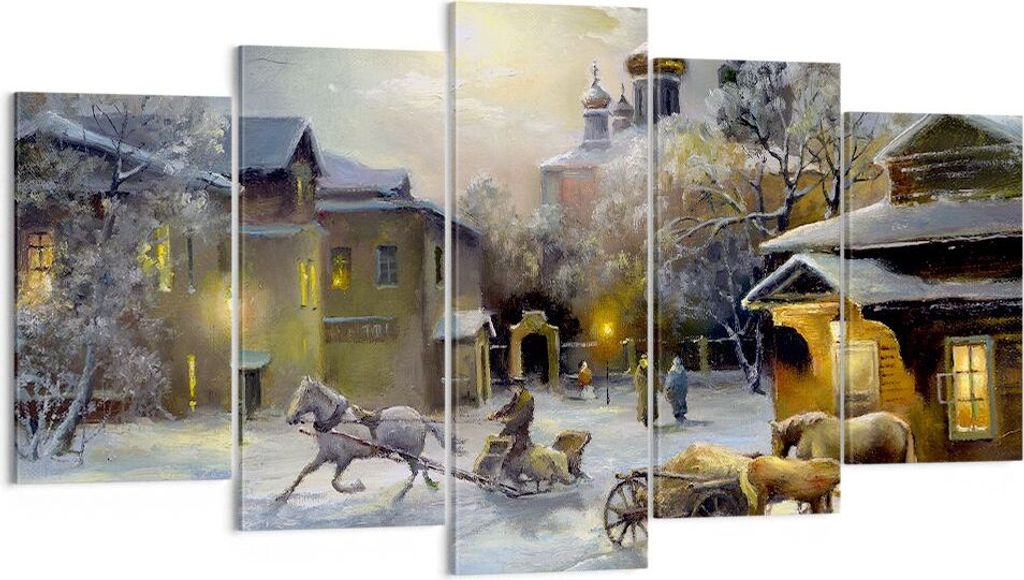 Bild auf Leinwand - Leinwandbild - Dorf Schlitten Schnee - 160x85cm - Wand Bild - Wanddeko - Leinwanddruck - Bilder - Kunstdruck - Wanddekoration -...