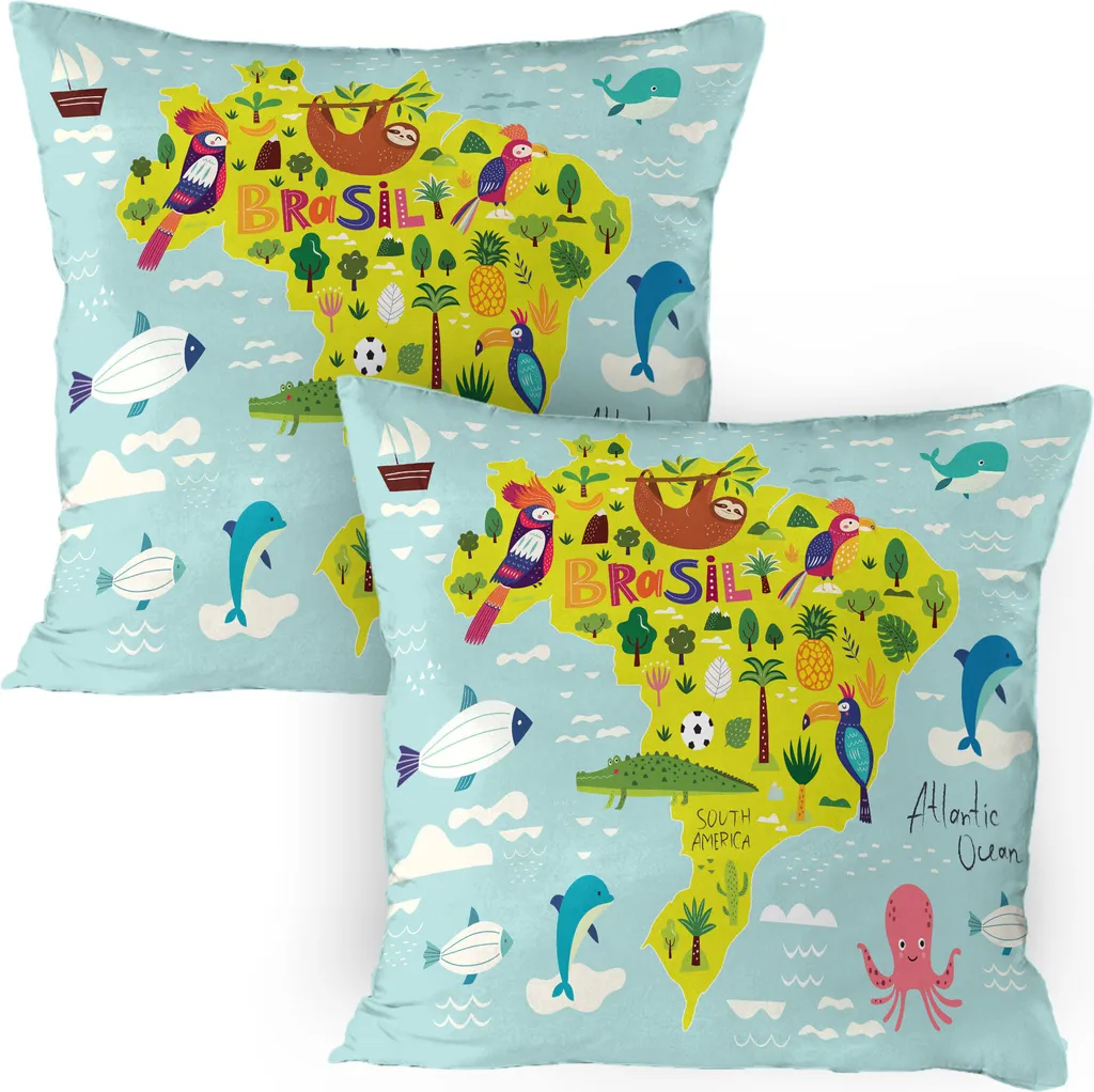ABAKUHAUS Federa per cuscino Coccodrillo Confezione da 2, mappa del Brasile con simboli colorati in stile cartone animato Articoli simbolici Atlantico, federa per cuscino decorativa stampata, 80x80 cm, azzurro multicolore