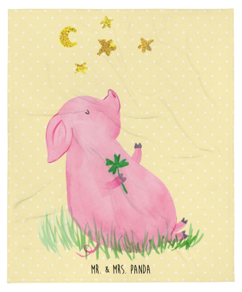 Mr. & Mrs. Panda Warme Decke Schwein Glück - Gelb Pastell - Geschenk, Kunstfelldecke, Kuscheldecke, Bettdecke, Motivation, Bettüberwurf, Träume,...