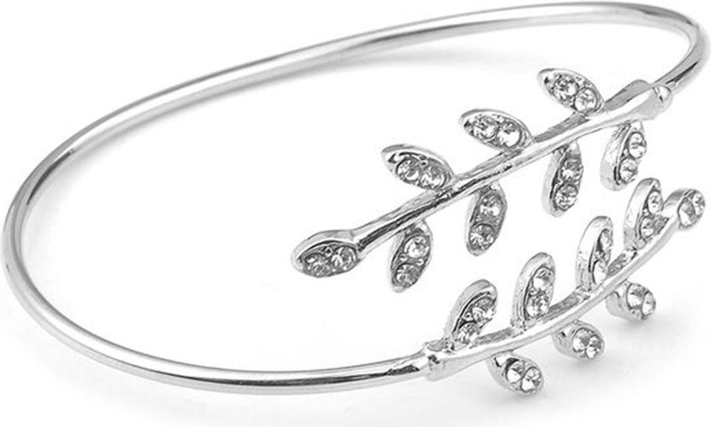 Frauen Mode Strass Intarsien Blatt Verstellbare Öffnung Armband Armreif Schmuck-Silber
