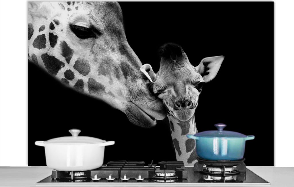 KitchenYeah Spritzschutz Küche - Küchenrückwand - Wandschutz für Herd und Spüle - Tiere - Schwarz - Weiß - Giraffe - Porträt 120x80 - Alu...