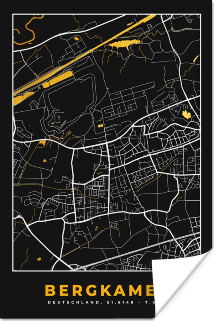 MuchoWow Poster Stadtplan - Karte - Bergkamen - Gold - Deutschland - Karte 40x60 cm - Plakate für die Wand - Poster Babyzimmer