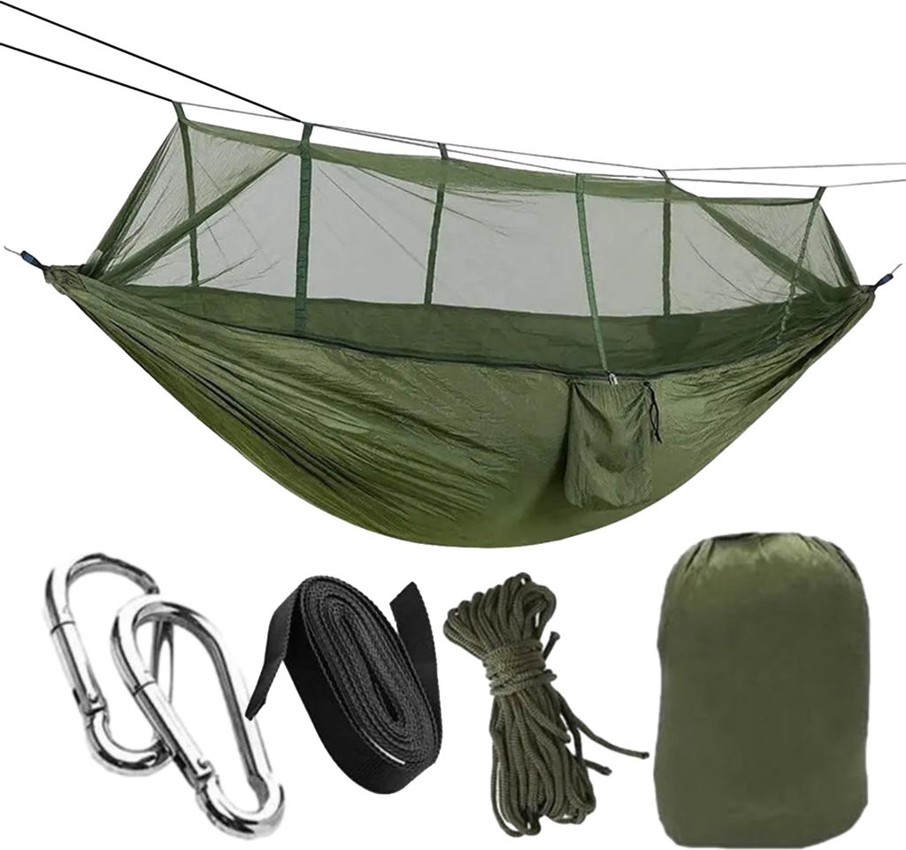 HSXL Leichte Outdoor-Hängematte mit Moskitonetz und Zubehör – 260 x 140 cm – Grün – Survival-Hängematte mit Moskitonetz