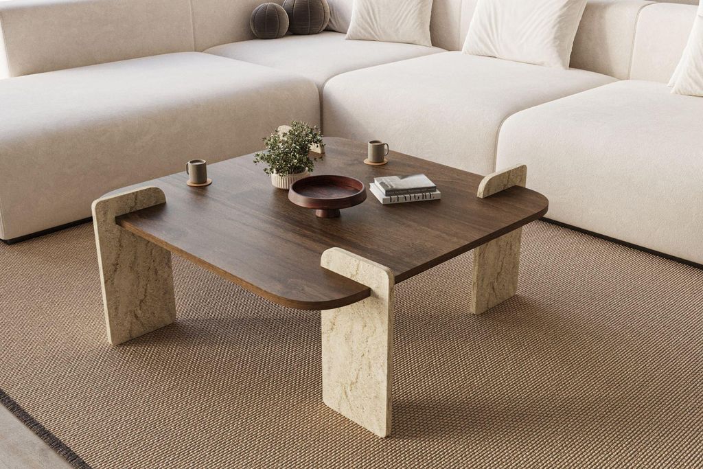 Skye Decor, Hochwertiger Couchtisch, Walnuss & Travertin, 90 x 35 x 90 cm | 100% melaminbeschichtete Spanplatte, Tragfähigkeit: 35 kg | Modernes D...