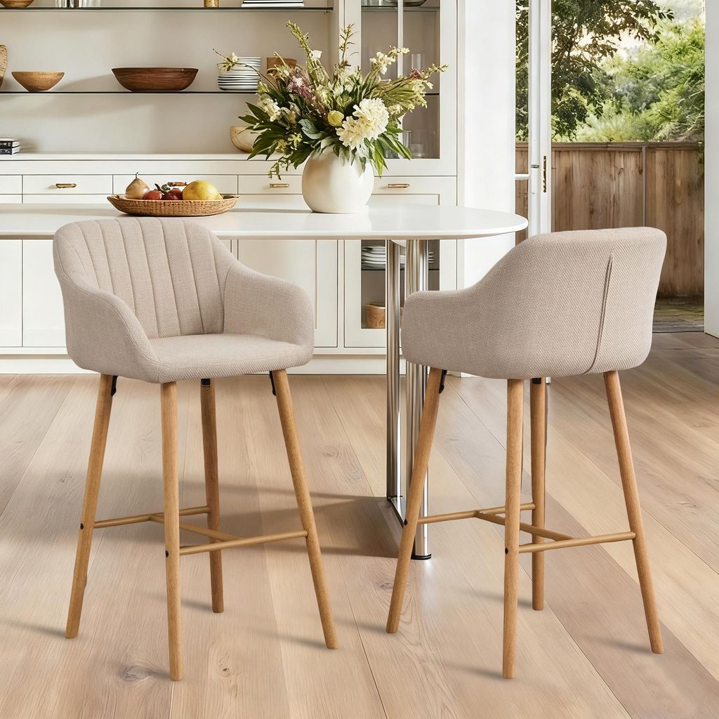 LVHOM 2er Set Barhocker Leinen mit Armlehne & Rückenlehne, Tresenhocker Holz Skandinavisch, gepolsterter Barstuhl für Kücheninsel, Beige