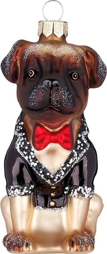 Christbaumschmuck Mops im Frack Glas 9cm Braun Beige