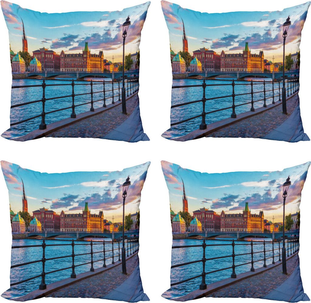 ABAKUHAUS Stadtansicht Kissenbezug Set (4 Stück), Scandinavian Altstadt, Moderner Doppelseitiger Digitaldruck, 60 cm x 60 cm, Mehrfarbig