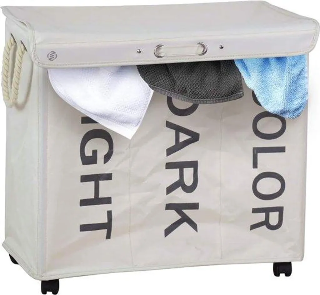 Panier à linge en trois parties avec compartiment de rangement robuste