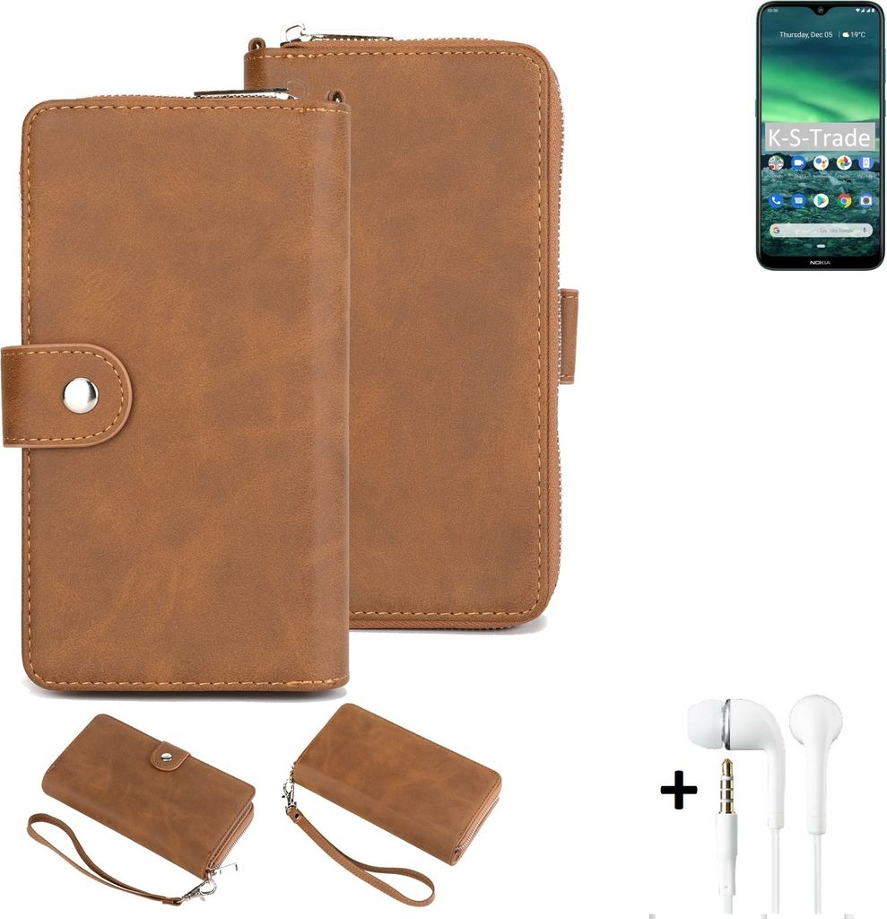 K-S-Trade Handy Schutz Hülle kompatibel mit Nokia 2.3 + Kopfhörer Portemonnee Tasche Wallet-Case Bookstyle-Etui braun (1x)