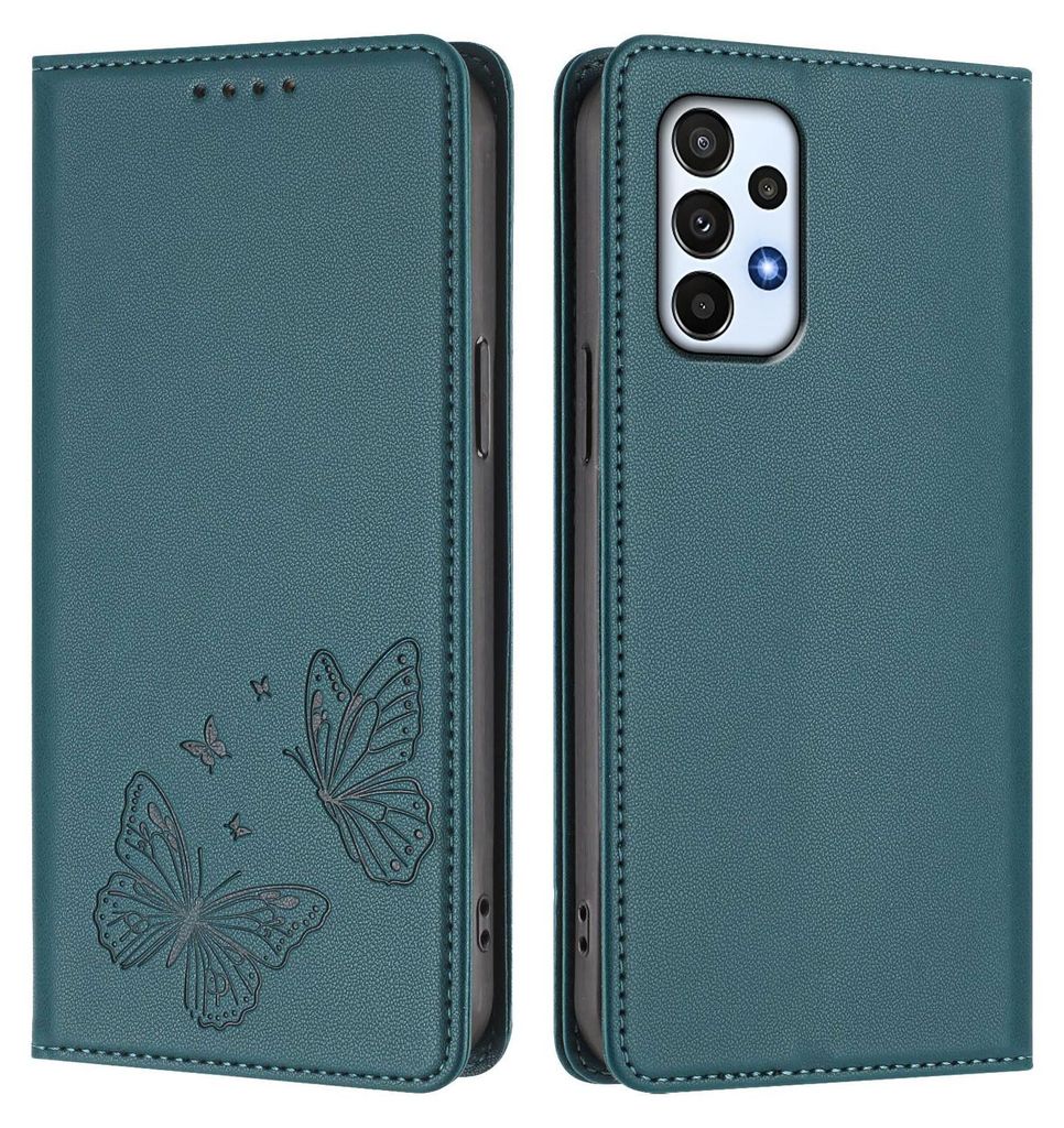 Lederhülle für Samsung Galaxy A23 5G/4G, Schmetterling Prägung Leder Brieftasche Schutzhülle mit Ständer Grün