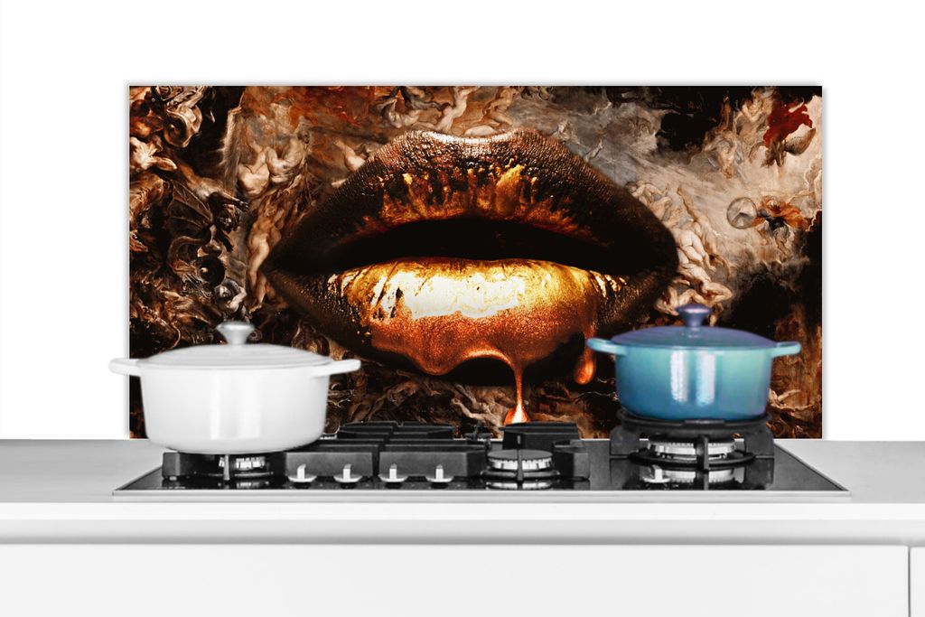 KitchenYeah Spritzschutz Küche - Küchenrückwand - Wandschutz für Herd und Spüle - Gold - Lippen - Kunst - Gold - Luxus - Abstrakt 100x50 - A...