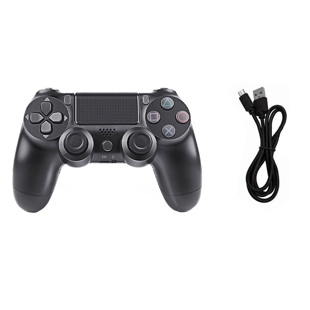 A black wireless game controller and a black USB charging cable are shown on a white background.
