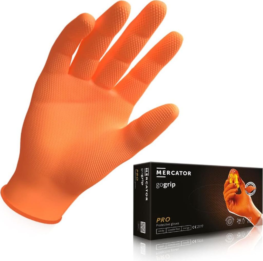 Nitrilhandschuhe puderfrei latexfrei 2-3x dicker Diamanttextur MERCATOR GoGrip, Größe:XL - 50 Stück, Farbe:GoGrip Orange