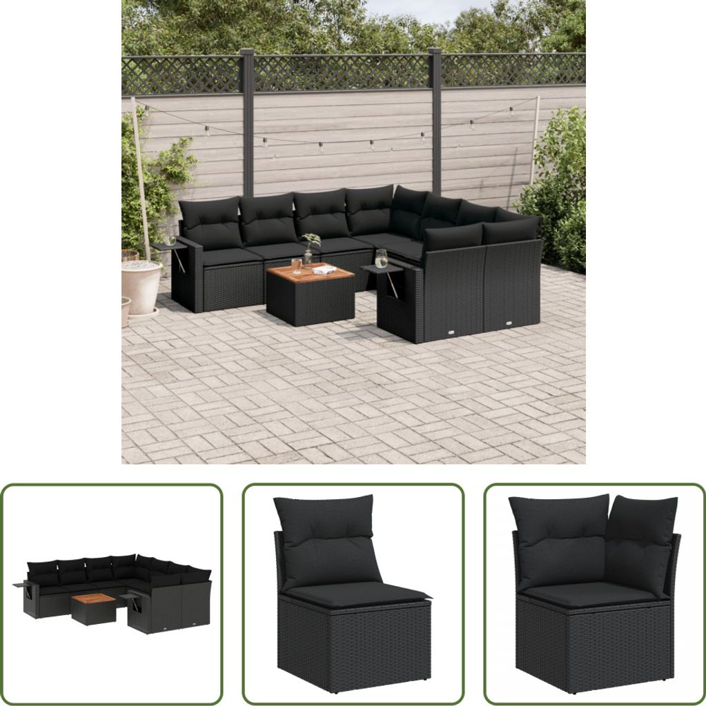 The Living Store 9-tlg. Garten-Sofagarnitur mit Kissen Schwarz Poly Rattan