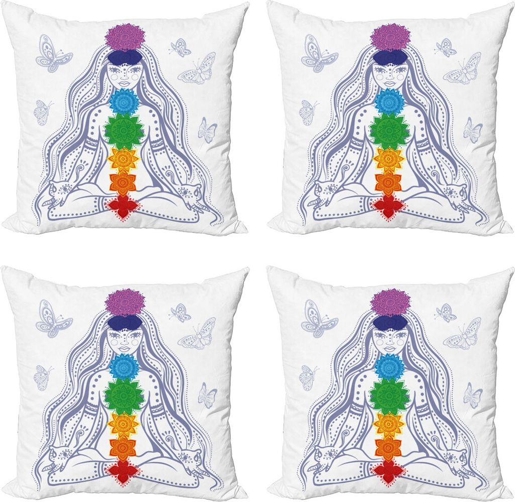 ABAKUHAUS Chakra Kissenbezug Set (4 Stück), Yoga Meditation Lotus Pose, Moderner Doppelseitiger Digitaldruck, 60 cm x 60 cm, Mehrfarbig