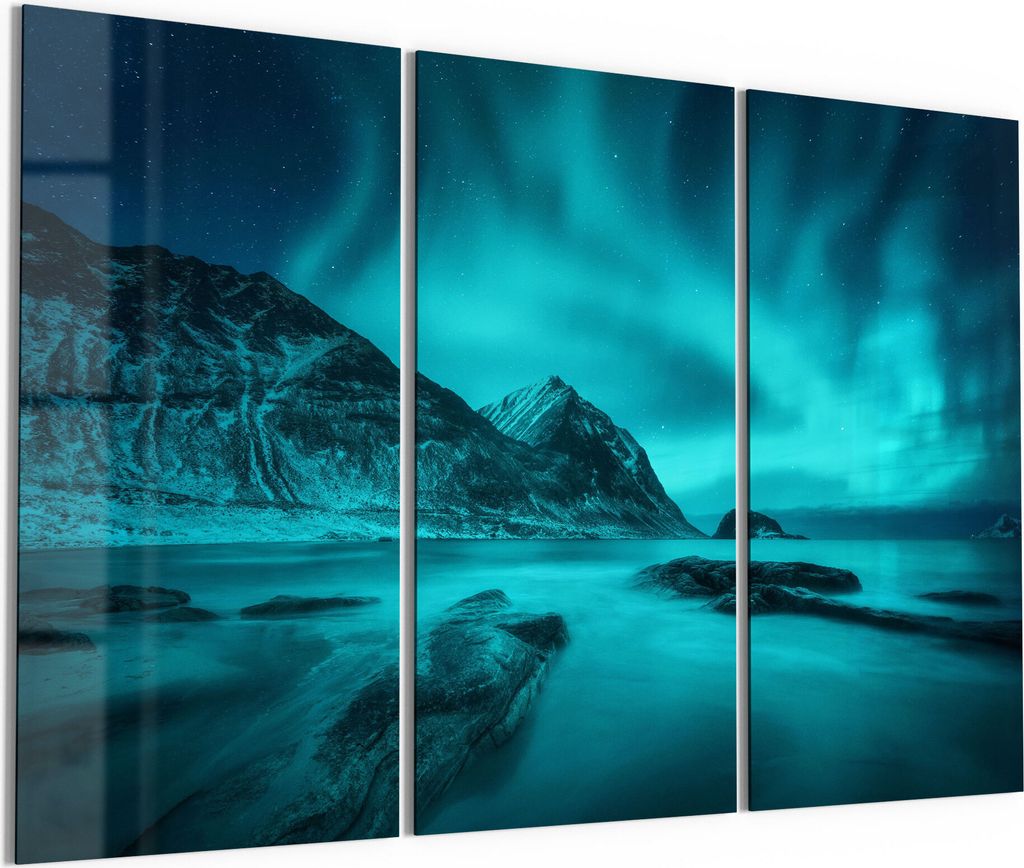 DEQORI Glasbilder Acryl 3x50x100 cm 'Polarlichter in Norwegen' Wandbilder XXL groß