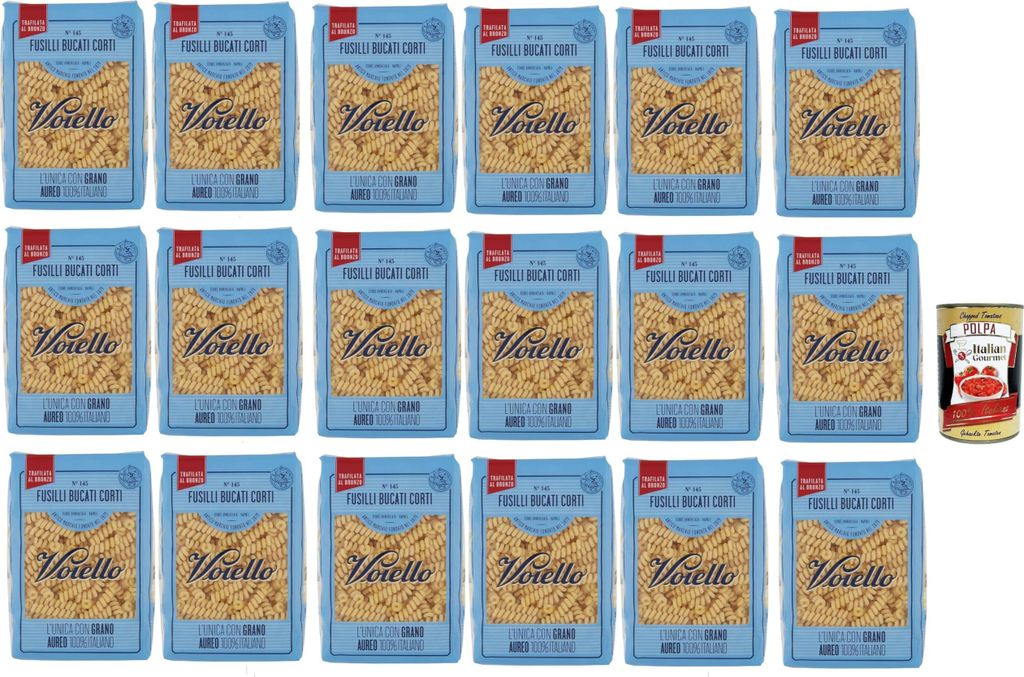 Voiello Pasta Fusilli bucati corti Nudeln 100% italienische N145,Bronze -Zeichnen, 18x 500g + Italian Gourmet Polpa 400g