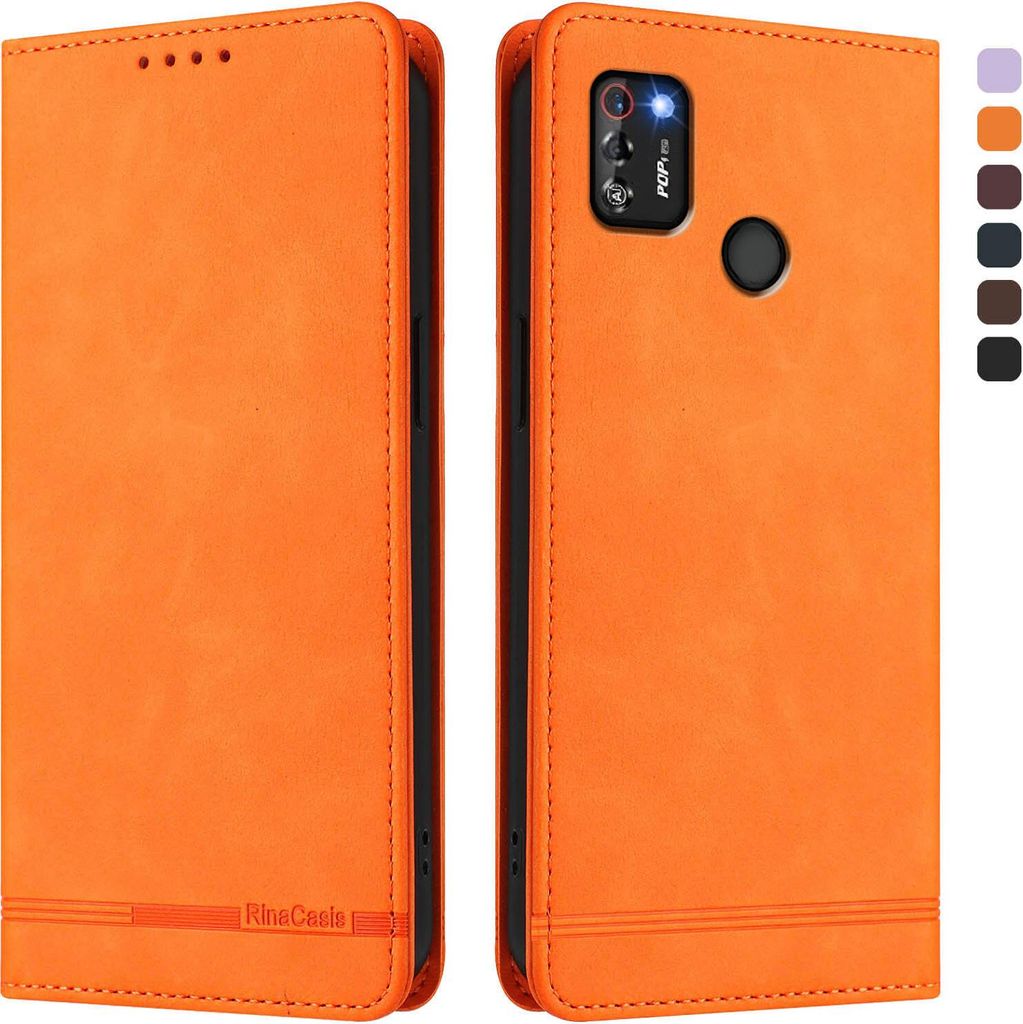 Hülle für Tecno Pop 4 Pro, Retro Kunstleder Ständer Klapphülle mit Kartenfächer und Magnetische Orange