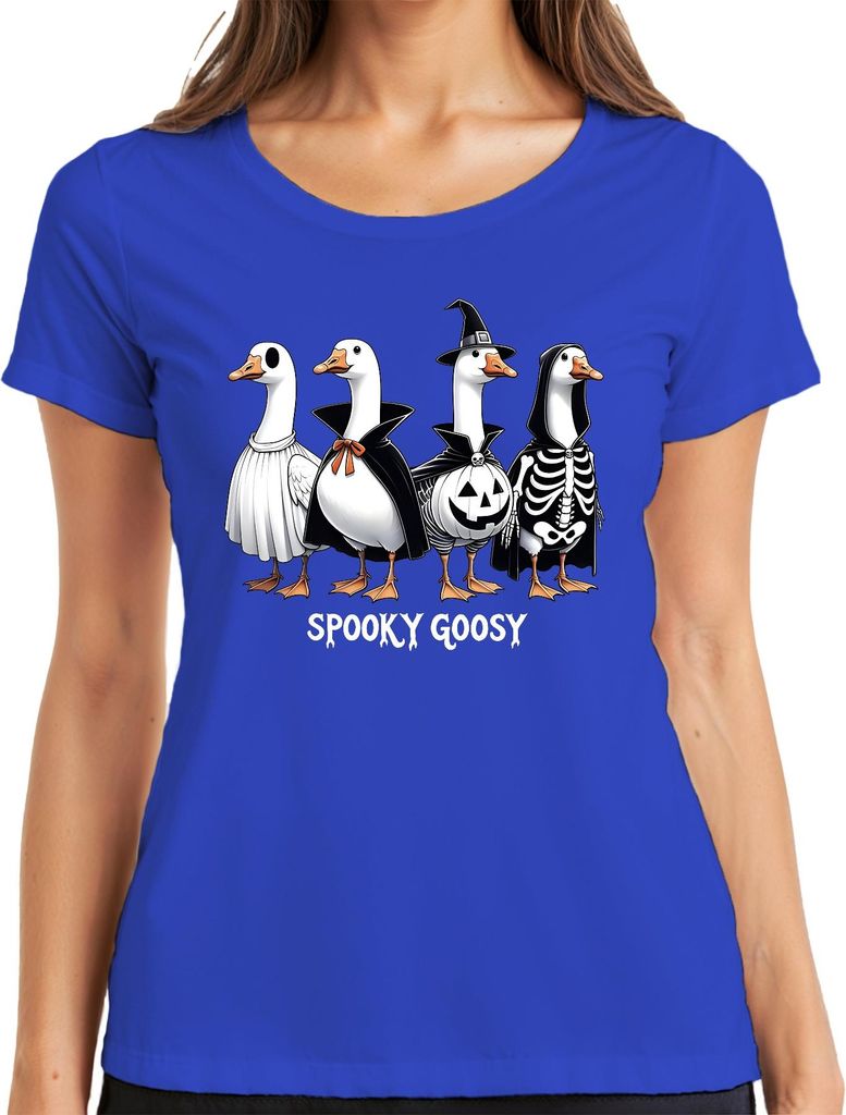 Spooky Goosy Halloween Gänse lustig gruselig Kürbis Gans Hexe Damen T-Shirt, Blau, XL