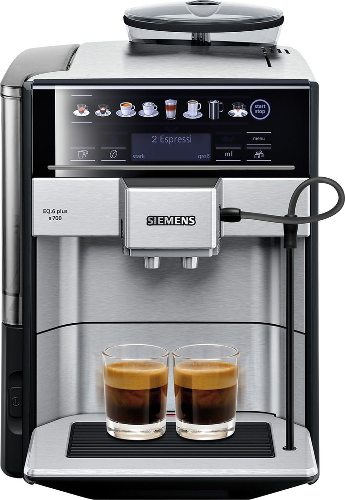 A Siemens coffee machine with two cups of espresso.