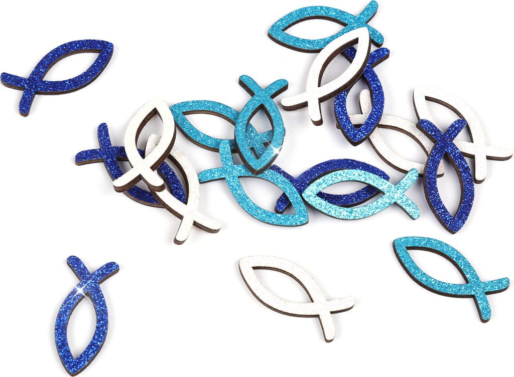 Oblique Unique 18 Holz Fische Glitzernd als Streudeko für Taufe Kommunion Konfirmation Deko - Echtholz blau türkis weiß