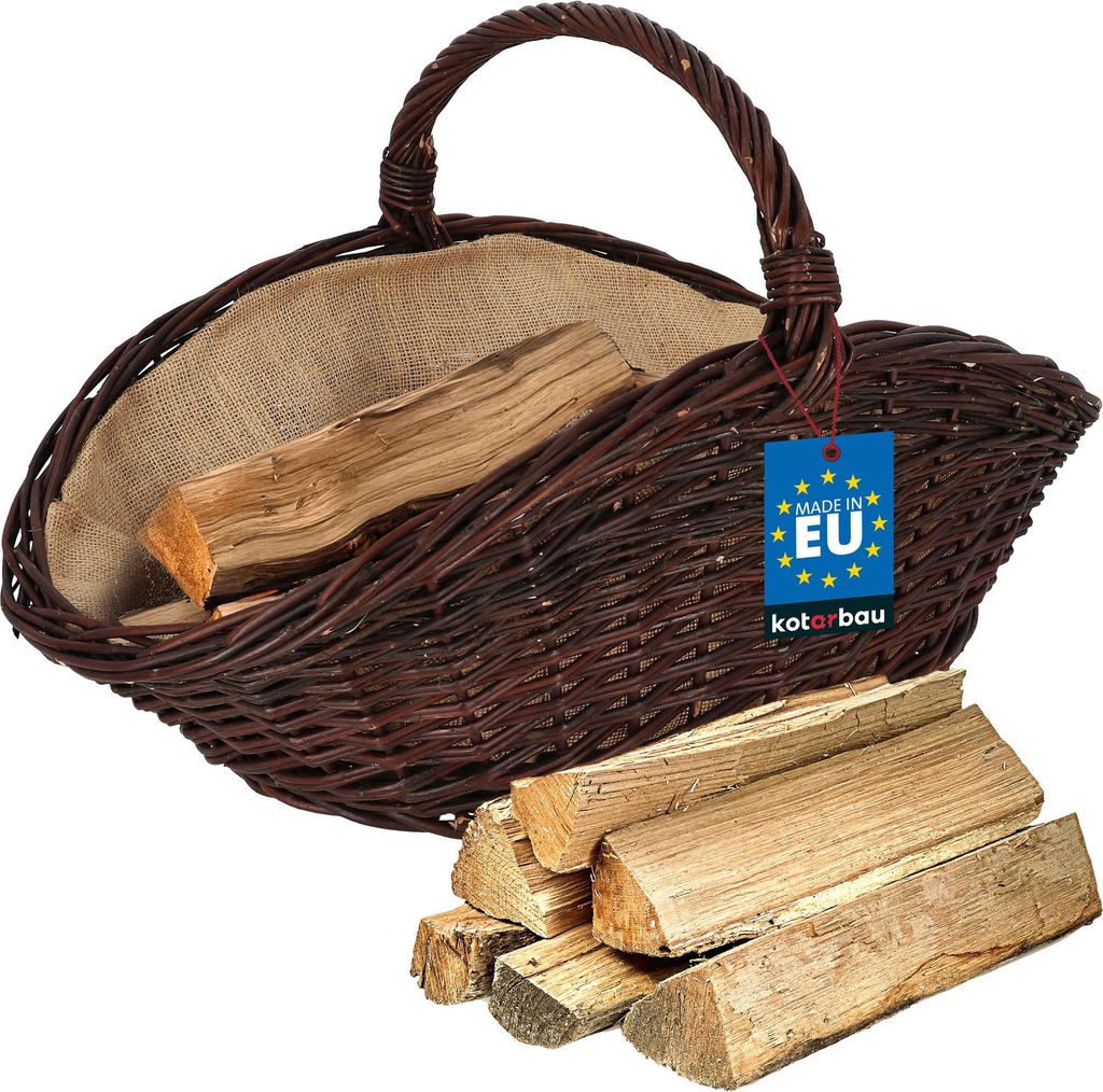 A woven basket filled with firewood, with a stack of firewood in front of it. A tag is attached to the basket.
