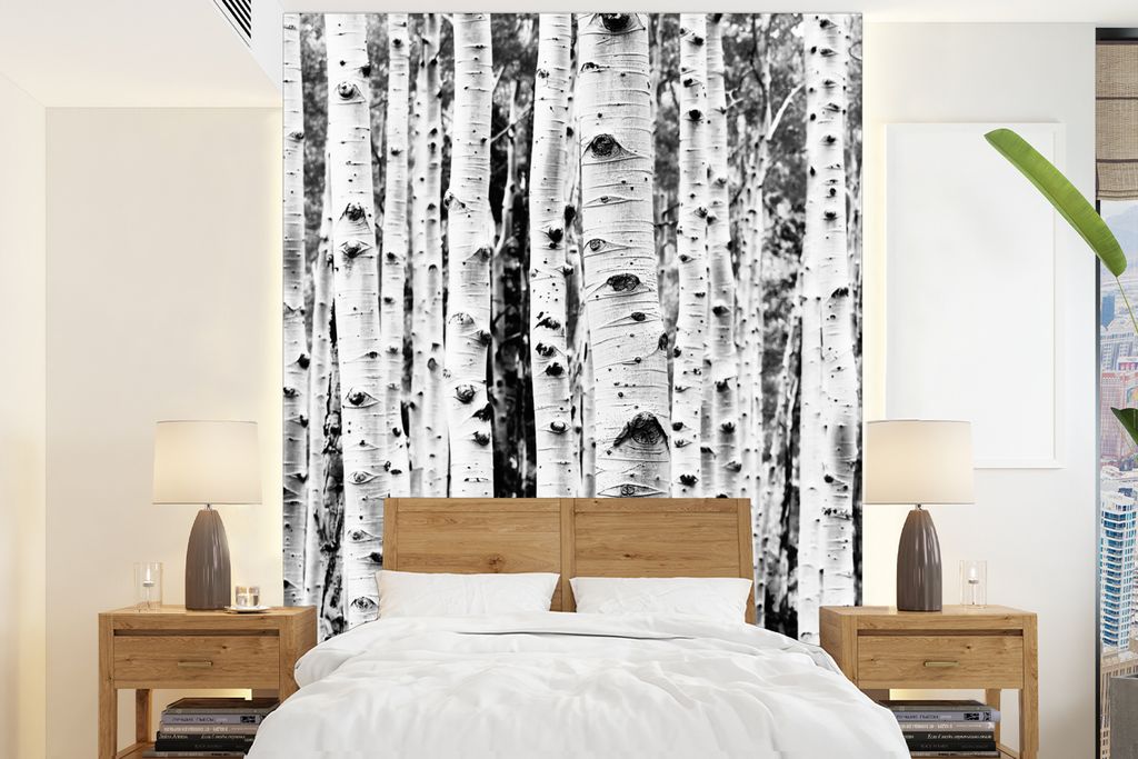 MuchoWow Fototapete für Wohnzimmer oder Schlafzimmer Wandtapete Vinyl Motivtapete Bäume - Holz - Schwarz und weiß - Natur - 195x260 cm - Wandbild
