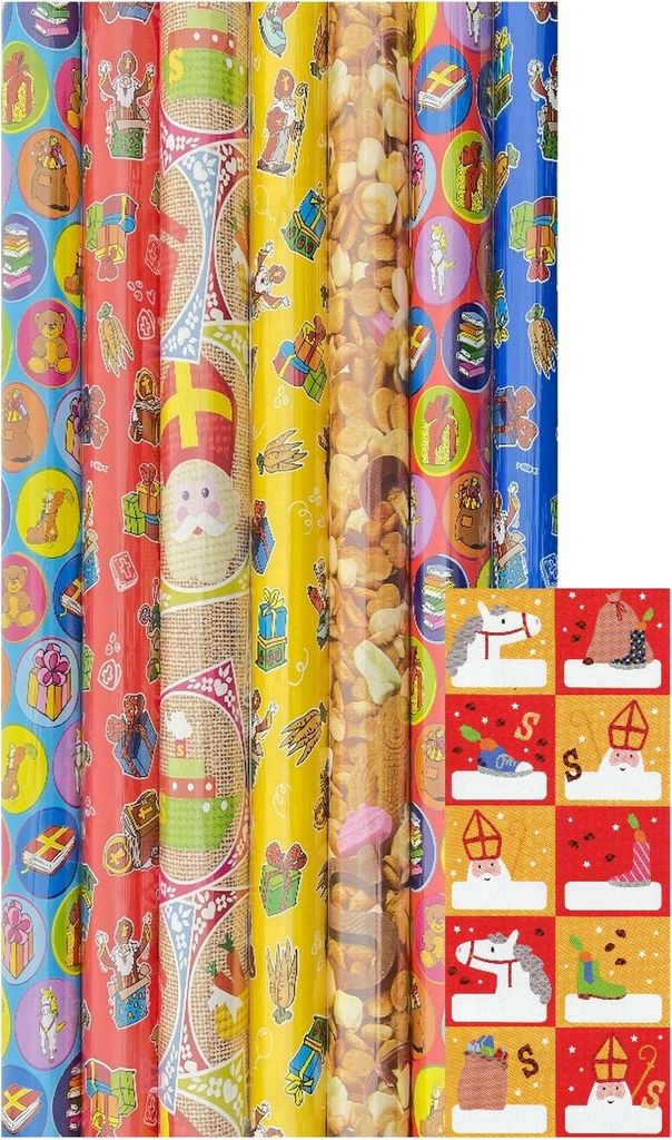 Benza Sinterklaas Geschenkpapier – 2,5 Meter x 70 cm – 5 Rollen inklusive Etiketten