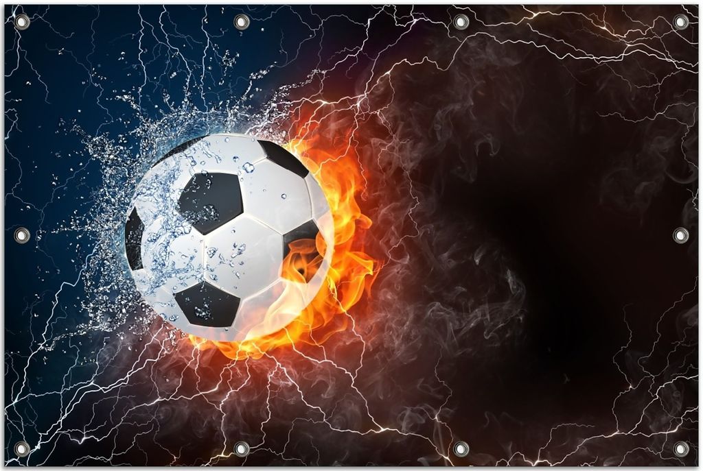 Wallario Outdoor-Poster für Garten oder Balkon, Motiv Fußball - Feuer und Wasser, in ca. 80 x 120 cm