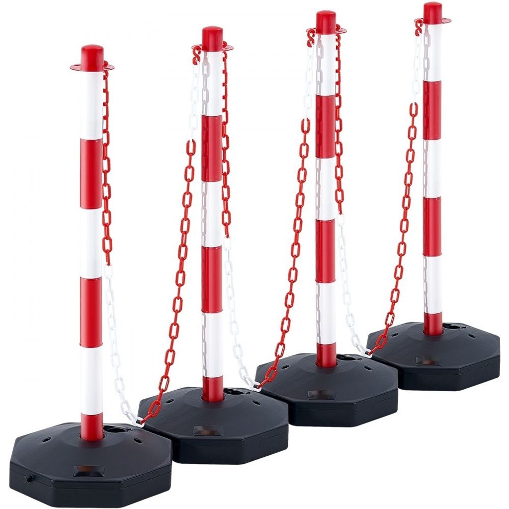Verkehrsleitkegel-4er Set-285 x 285 mm-Warnkegel mit Kette-Straßensperrpfosten- Rot & Weiß-Wasser-& Sandbefüllbar