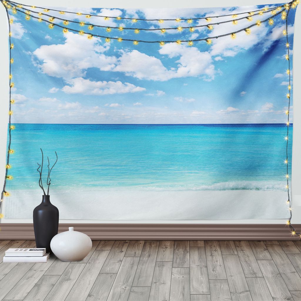 ABAKUHAUS Tropisch Wandteppich, Hawaiian Seascape, Wohnzimmer Schlafzimmer Heim Seidiges Satin Wandteppich, 200 x 150 cm, Türkis Weiß