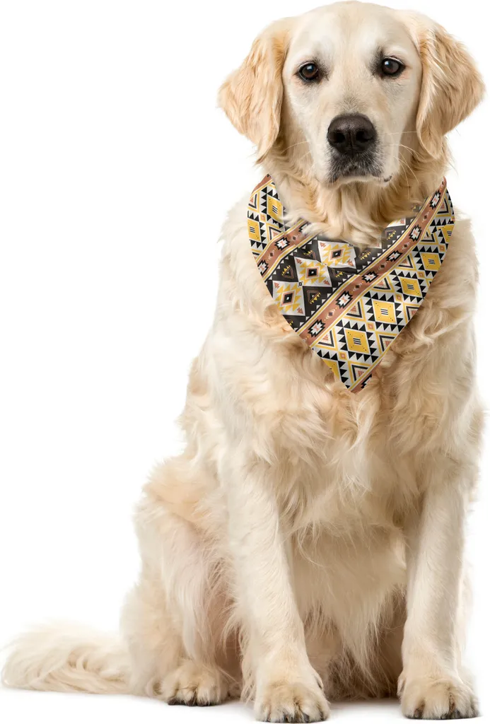 ABAKUHAUS Bandana per animali domestici in stile azteco, linee e triangoli messicani, 40x40 cm, senape cacao