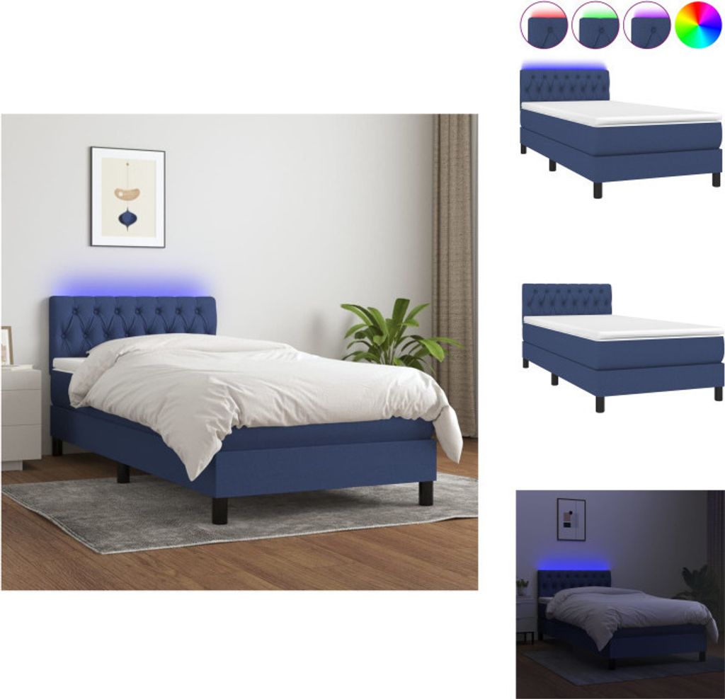 vidaXL Boxspringbett mit Matratze & LED Blau 90x200 cm Stoff - Betten & Bettgestelle